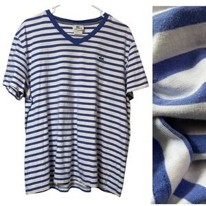Lacoste Men's Blue White Striped V-neck T-shirts Short Sleeves Size 7 / US 2XL